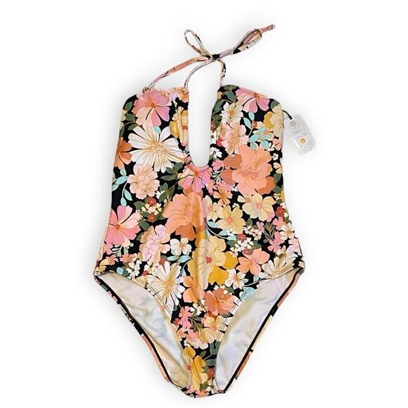 Shade&Shore Multi Floral Halter Keyhole Bandeau Tie Back One Piece Swimsuit NWT - Picture 8 of 16